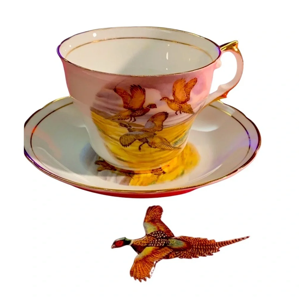 Regency,‎ Cup & Saucer with Pheasant flying in orange evening sky. Bone China - Picture 6 of 10
